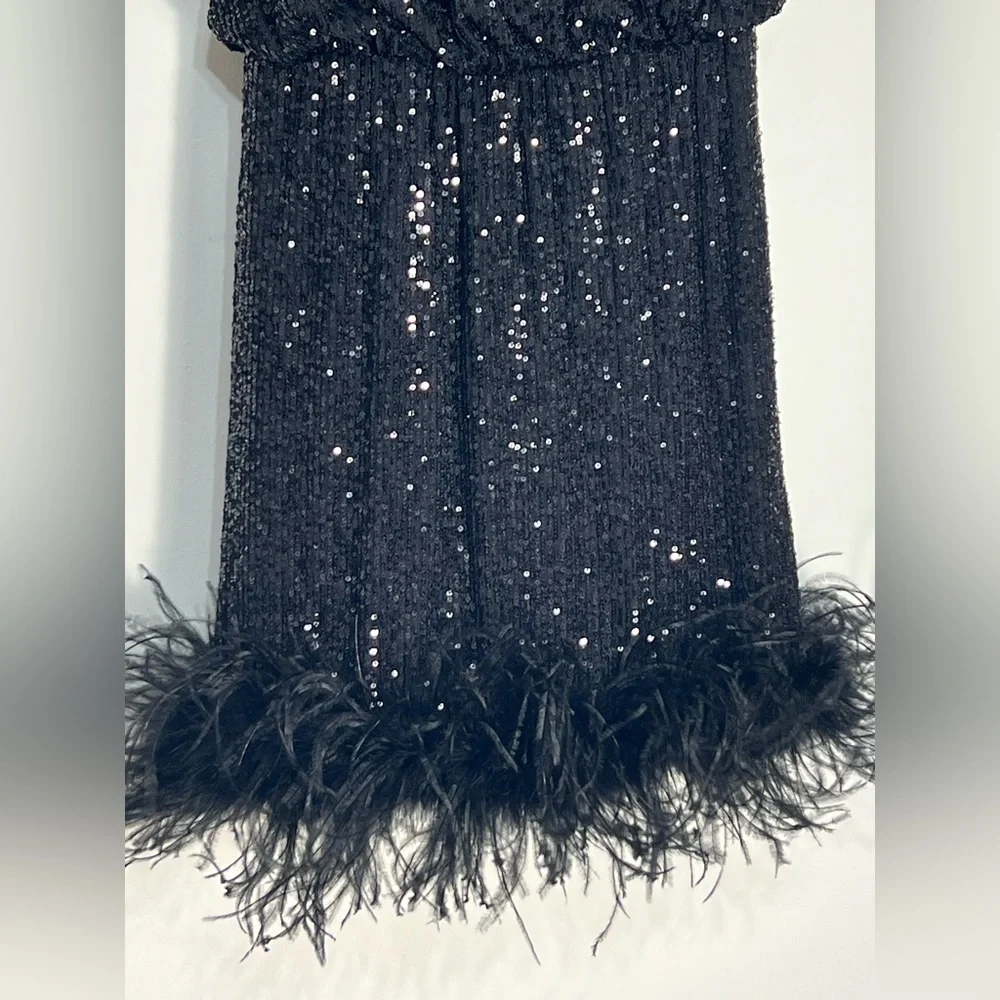 Eliza J Black Sequined Mini Cocktail Party Feather Bottom Dress Size 4 - Picture 2 of 14